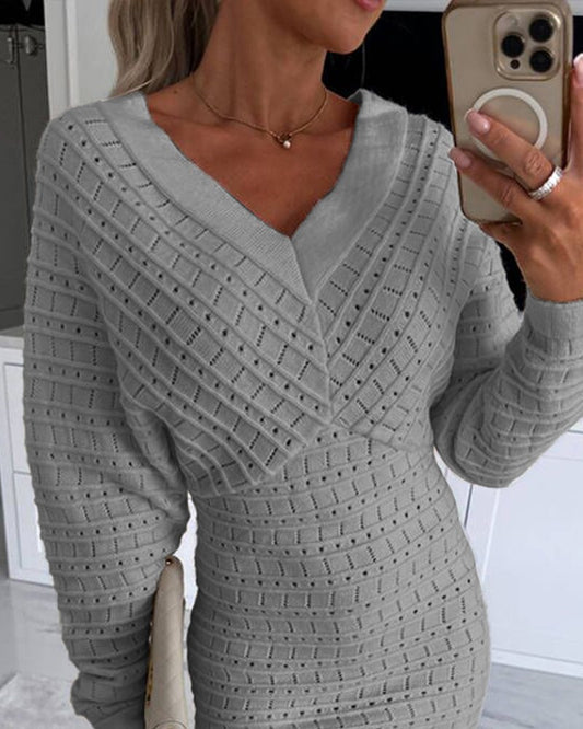 V Neck Hollow Out Long Sleeve Knit Dress