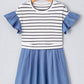 Black Stripe Ruffle Denim Patchwork Round Neck Mini Dress