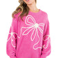 Bright Pink Corded Flower Bow Ribbed Trim Casual Sweater