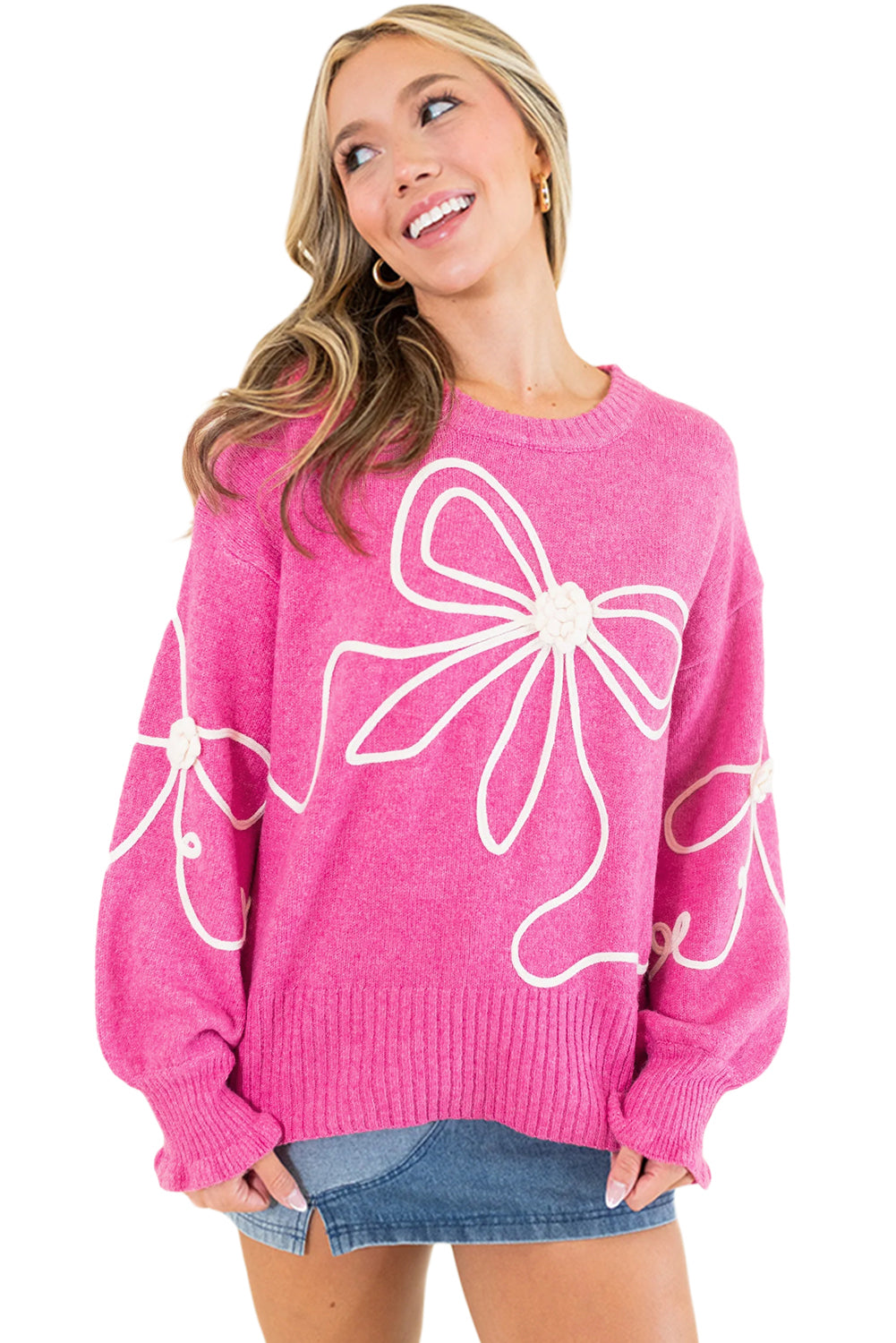 Bright Pink Corded Flower Bow Ribbed Trim Casual Sweater