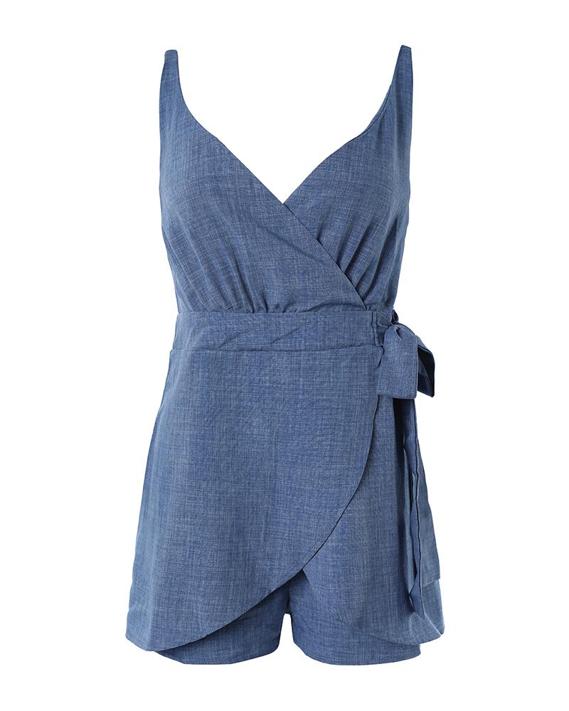 Denim Look Print Sleeveless Tied Detail Romper