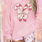 Pink Christmas Bow Candy Cane Graphic Drop Shoulder Crew Neck Sweatshirt