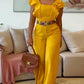 2 Piece Sqaure Neck Flutter Sleeve Shirred Top High Waist Wide Leg Pants Elegant Pants Set