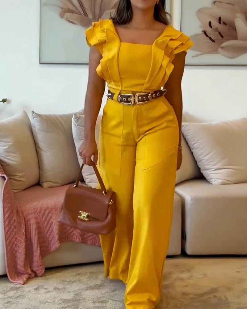 2 Piece Sqaure Neck Flutter Sleeve Shirred Top High Waist Wide Leg Pants Elegant Pants Set