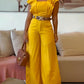 2 Piece Sqaure Neck Flutter Sleeve Shirred Top High Waist Wide Leg Pants Elegant Pants Set