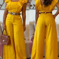 2 Piece Sqaure Neck Flutter Sleeve Shirred Top High Waist Wide Leg Pants Elegant Pants Set