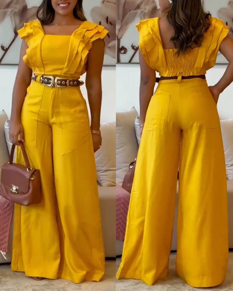 2 Piece Sqaure Neck Flutter Sleeve Shirred Top High Waist Wide Leg Pants Elegant Pants Set