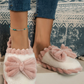 Fushia Bow Decor Color Block Ribbed Plush Slippers