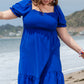 Dark Blue Shirred Ruffled Square Neck Plus Size Mini Dress