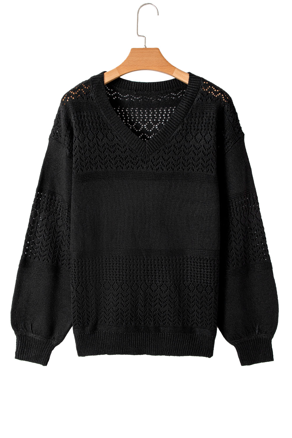 Black Eyelet Pattern Detail V Neck Drop Shoulder Sweater