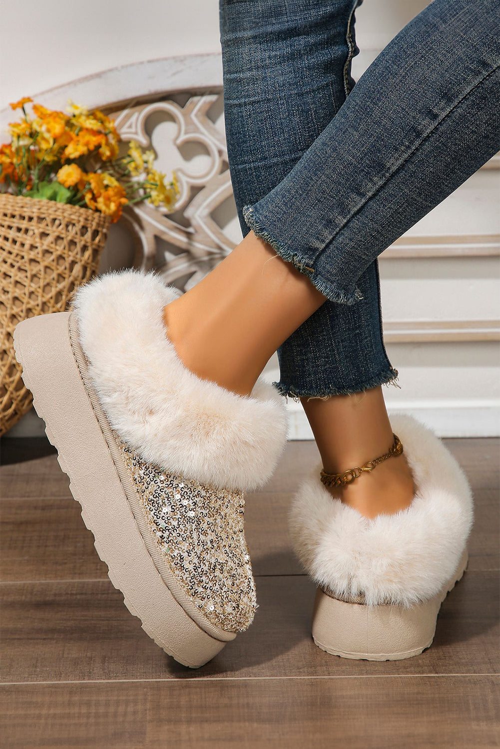 Gold Sequin Plush Lined Thick Sole Snow Boots