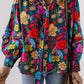 Green Floral Knot Split Neck Puff Sleeve Blouse