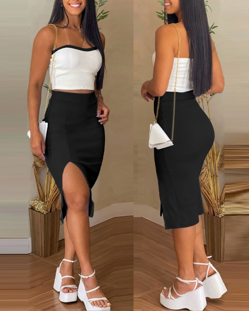 2 Pieces Colorblock Bandeau Strapless Top and Side Slit Slim Fit Skirt Set