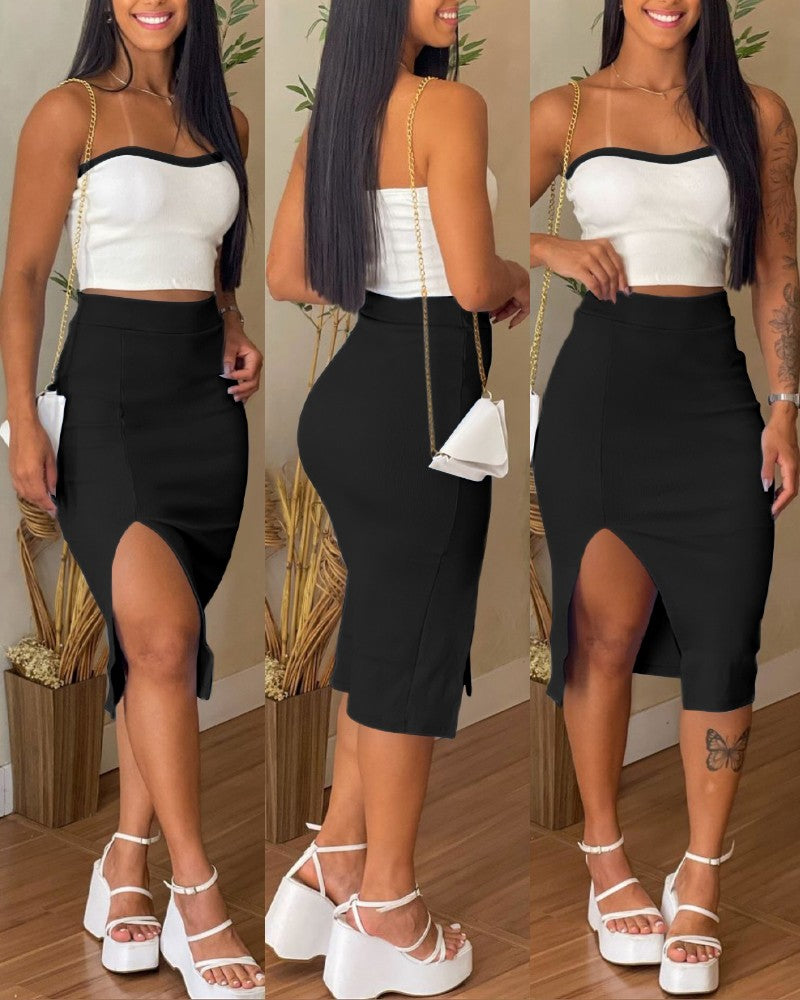 2 Pieces Colorblock Bandeau Strapless Top and Side Slit Slim Fit Skirt Set