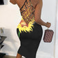 Butterfly Sunflower Print Fishnet Backless Bodycon Dress