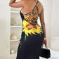 Butterfly Sunflower Print Fishnet Backless Bodycon Dress