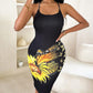 Butterfly Sunflower Print Fishnet Backless Bodycon Dress