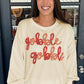 Apricot Thanksgiving Gobble Gobble Embroidered Pattern Drop Shoulder Crew Neck Sweatshirt