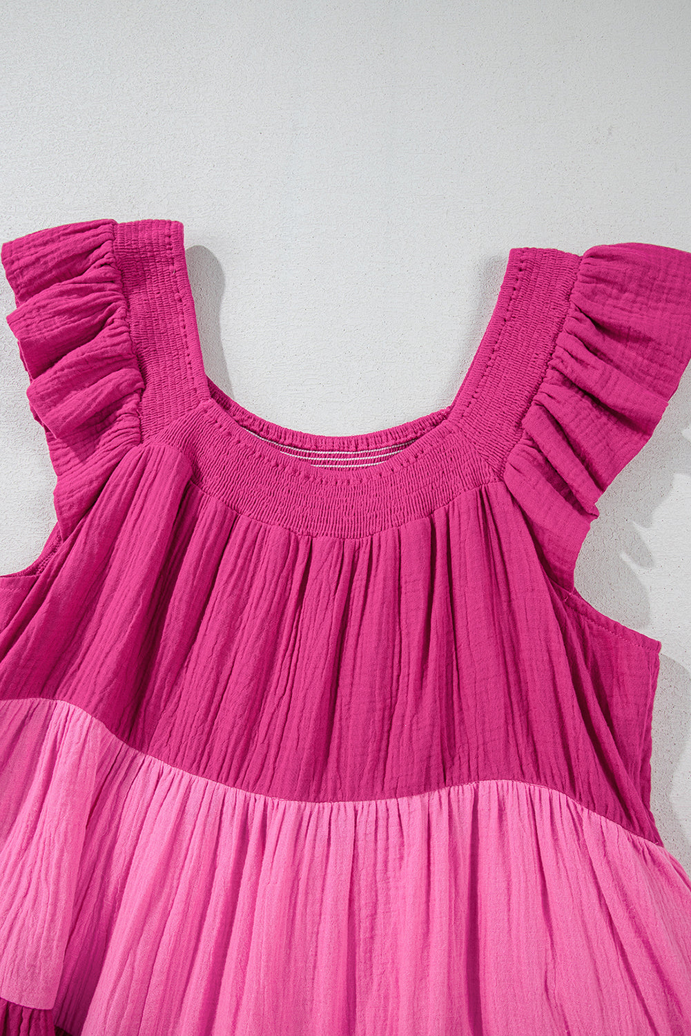 Pink Crinkled Colorblock Patchwork Flutter Tiered Mini Dress