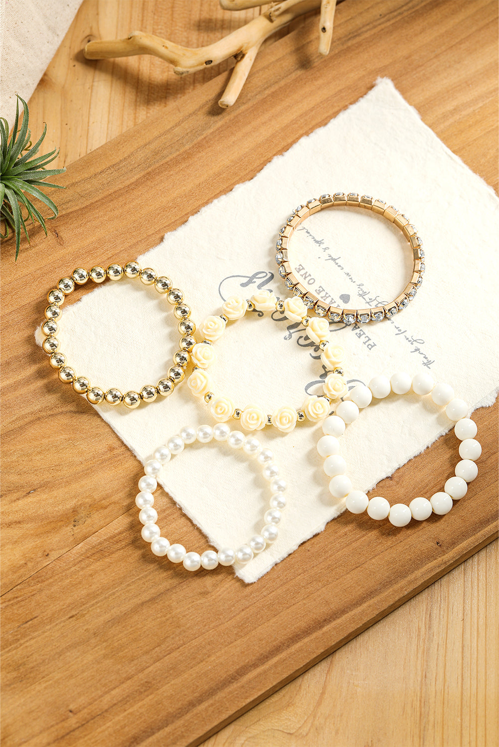 White Flower Rhinestone Beaded Multi Layer Bracelet Set