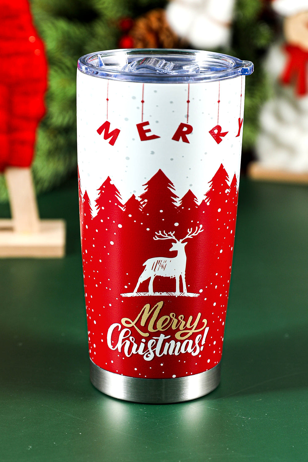 Fiery Red Christmas Tree Elk Print Stainless Steel Tumbler 20 OZ