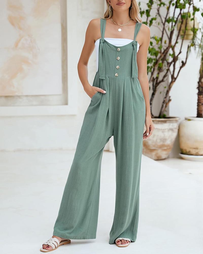 Tied Detail Pocket Design Button Front Jumpsuit Casual Wide Leg Overall