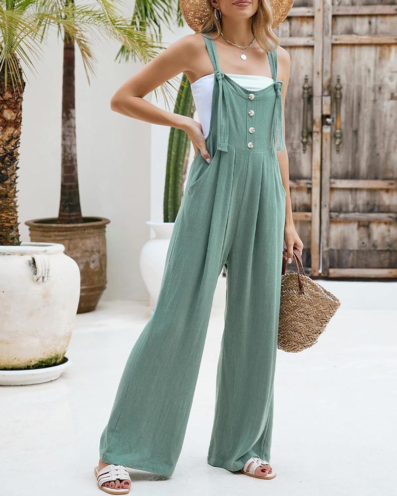 Tied Detail Pocket Design Button Front Jumpsuit Casual Wide Leg Overall