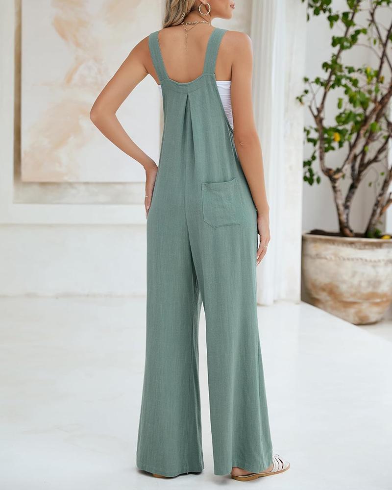 Tied Detail Pocket Design Button Front Jumpsuit Casual Wide Leg Overall