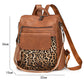 Coffee Leopard Patchwork PU Leather Functional Backpack