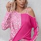 Rose Contrast Leopard Asymmetric Cold Shoulder Crossed Hem Top