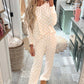 Beige Checkered Print Long Sleeve Top and Pants Lounge Set