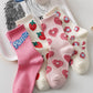 Light Pink Heart Print Ribbed Trim Soft Crew Socks