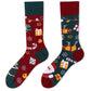 Racing Red Christmas Cartoon Pattern Color Block Tube Socks