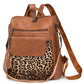 Coffee Leopard Patchwork PU Leather Functional Backpack