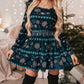 Christmas Velvet Snowflake Pattern Long Sleeve Mini Dress Shirred Waist Ruffle Hem A Line Dress