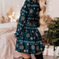 Christmas Velvet Snowflake Pattern Long Sleeve Mini Dress Shirred Waist Ruffle Hem A Line Dress