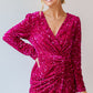 Pitaya Pink Velvet Sequin Long Sleeve V Neck Wrapped Mini Dress