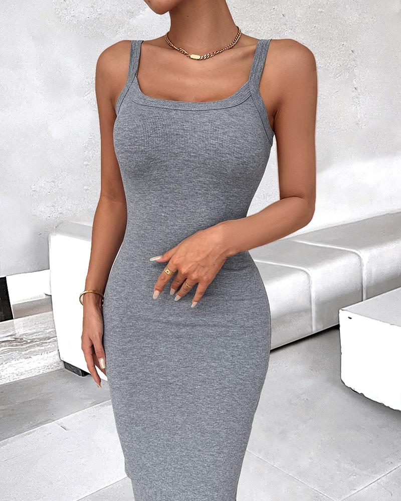 ChicMe ShapeSculpt Basic Lounge Slip U Neck Long Dress Elegant Sleeveless Ribbed Bodycon Maxi Dresses