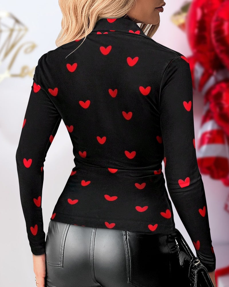 Heart Print Turn down Collar Long Sleeve Ruched Front Button Shirts Slim Fit Top