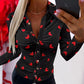 Heart Print Turn down Collar Long Sleeve Ruched Front Button Shirts Slim Fit Top