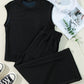 Color black Textured Knit Cap Sleeve T Shirt and Wide Leg Pants Set