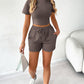 O neck Top & Pocket Design Drawstring Shorts Set