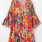 Pink Plant Print Flared Sleeve Ruffled Hem Tunic High Waist Flowy Dress