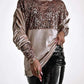 Velvet Mock Neck Sequin Patch Ruched Side Zipper Design Sweatshirt