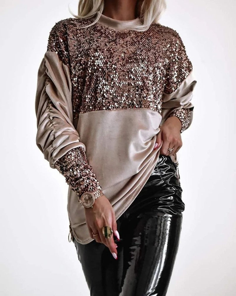 Velvet Mock Neck Sequin Patch Ruched Side Zipper Design Sweatshirt