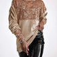 Velvet Contrast Leopard Sequin Patch Crewneck Sweatshirt Ruched Long Sleeve Zipper Slit Pullover Top