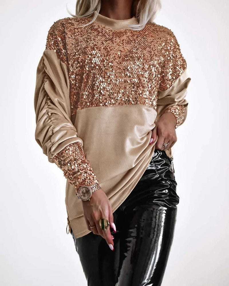 Velvet Contrast Leopard Sequin Patch Crewneck Sweatshirt Ruched Long Sleeve Zipper Slit Pullover Top