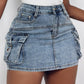 Pocket Design Buckled Denim Skirt