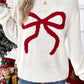 White Bow Pattern Contrast Trim Christmas Loose Graphic Sweater