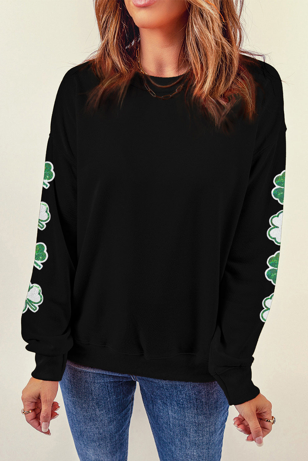 Black Sequin Clover Patched Drop Shoulder Sweatshirt